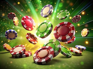 Vivid depiction of casino chips soaring through the air against a lush green backdrop, featuring intricate highlights and realistic details, captivating the viewer&acirc;&euro;&trade;s imagination.