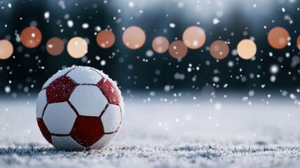 Fototapeta premium Snowy soccer ball on ground, winter ambiance with glowing lights in background.