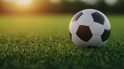 Fototapeta premium Soccer ball on green grass during sunset, vibrant setting.