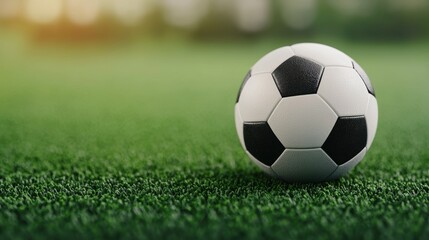 Fototapeta premium Soccer ball on green grass field during sunset, vibrant colors in background.