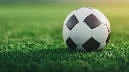Obraz premium Soccer ball on green grass field under sunlight, close-up view.