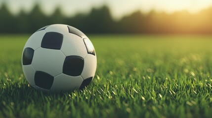 Obraz premium Soccer ball on green grass field illuminated by sunlight.