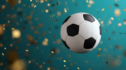 Naklejka premium Soccer ball with confetti on a blue background, creating a festive sports atmosphere.