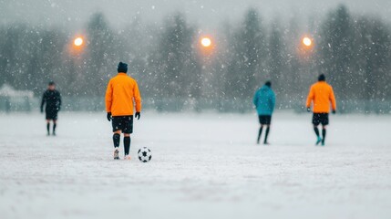 Soccer players practice in snowy conditions on a dimly lit field.