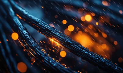 Fototapeta premium A close-up of the black and blue cables, covered in raindrops and illuminated by an orange light