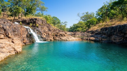 Tranquil waterfall cascading into a crystal-clear pool surrounded by lush greenery.