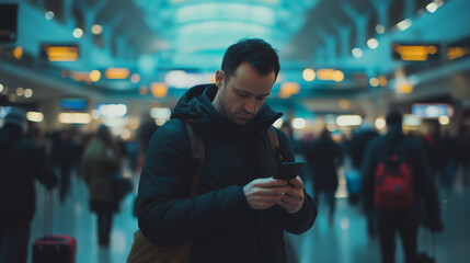 A man standing in a crowded airport, looking anxious as he checks the flight schedule on his phone