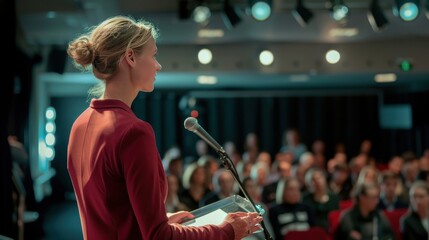 Woman Giving a Presentation in a Large Hall