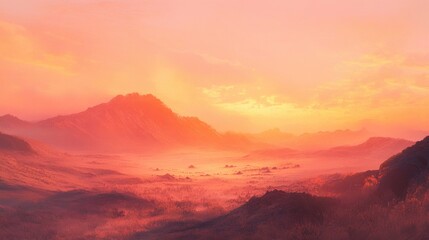 A hazy desert landscape with wind-swept dunes at sunset, the sky glowing in warm shades of pink and orange.