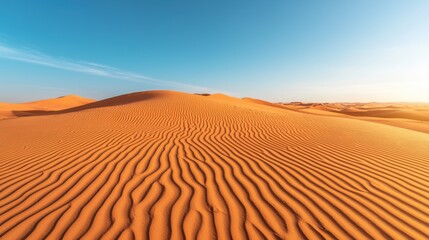 Naklejka premium Vast desert landscape with gentle dunes under a clear blue sky.