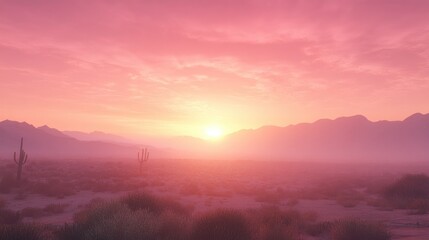 Fototapeta premium A hazy sunset in the desert, with the sky glowing in shades of pink and orange, and the distant mountains barely visible.