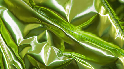 a close-up, top-down view of the surface of an extremely over-inflated metallic neon green down jacket, showcasing vibrant, bold green reflections
