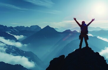 Fototapeta premium Silhouette of a Hiker Standing with Arms Raised on a Mountain Peak
