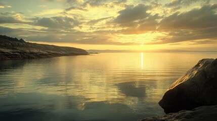 A peaceful morning by the sea, with the first light of dawn reflecting off the calm ocean waters.