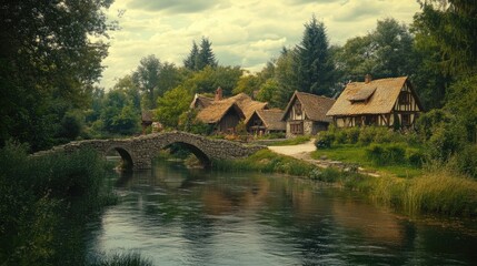 Obraz premium A peaceful village by a river, with wooden cottages and a stone bridge crossing the water.
