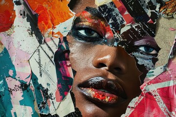 A Close-Up of a Woman's Face with Glittering Makeup Peeking Through Torn Paper