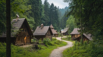 Fototapeta premium A peaceful village nestled in the forest, with wooden cabins and a winding path through the trees.