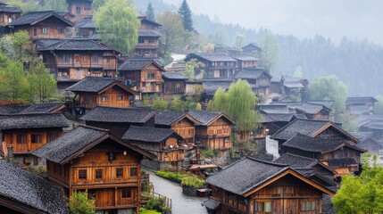 Fototapeta premium A village in the mountains, with wooden cottages and steep streets winding up the hillside.
