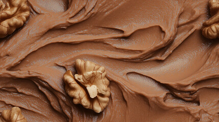 a close-up, top-down view of walnut paste spread across the frame, filling the image with its earthy brown color and smooth yet slightly grainy texture