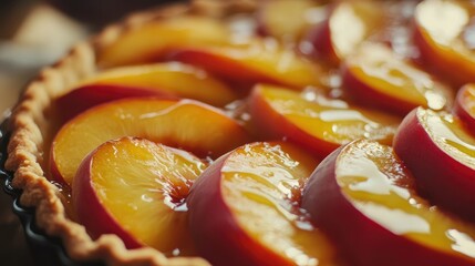 A peach tart with golden pastry edges, topped with fresh sliced peaches and a drizzle of honey.