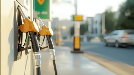 Oil pump and fuel nozzles at a street gas station during daylight, highlighting energy distribution, transportation infrastructure, and fuel technology in a modern urban setting.