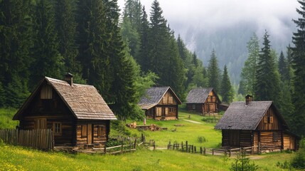 Obraz premium A rustic village with wooden cottages and barns, surrounded by tall pine trees and meadows.