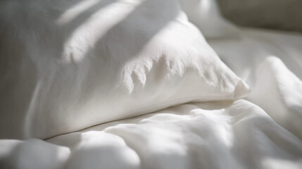 a close-up view of a soft, rectangular white pillow on white sheets