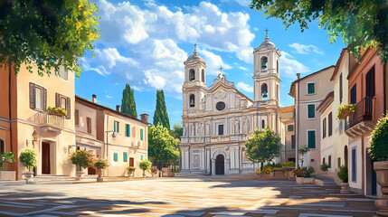 Obraz premium Historic baroque church facade with ornate stone carvings and bell towers overlooking tranquil cobblestone piazza in charming italian town. Italian Piazza. Illustration