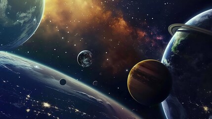 Obraz premium A display of various celestial bodies in a galaxy, Nebula and galaxies in space. Abstract cosmos background