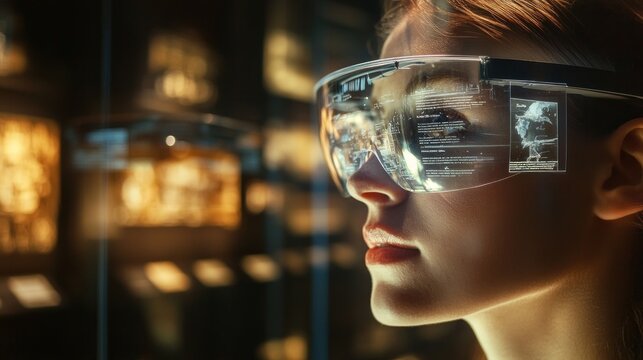 Woman wearing augmented reality glasses looking through a glass display