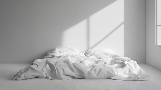 a minimalist yet sophisticated setup, featuring an unmade bed with soft white linens in gentle disarray