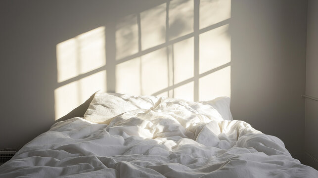 a minimalist yet sophisticated setup, featuring an unmade bed with soft white linens in gentle disarray