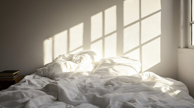 a minimalist yet sophisticated setup, featuring an unmade bed with soft white linens in gentle disarray