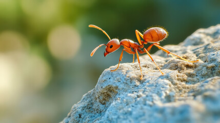 close up of ant navigating rocky surface, showcasing its intricate details and vibrant colors. image captures determination and resilience of this tiny creature in its natural habitat