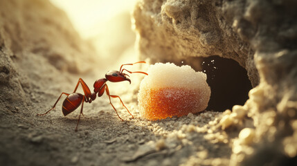 ant is seen pushing large piece of sugar through sandy terrain, showcasing its determination and strength. warm lighting adds sense of adventure to this tiny creatures journey