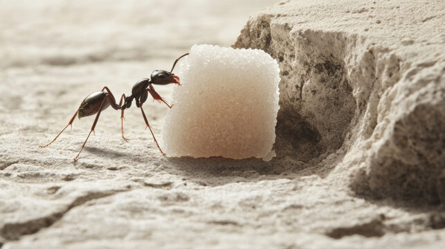ant is diligently pushing large piece of sugar across textured surface, showcasing its strength and determination. This scene captures fascinating behavior of ants in their quest for food