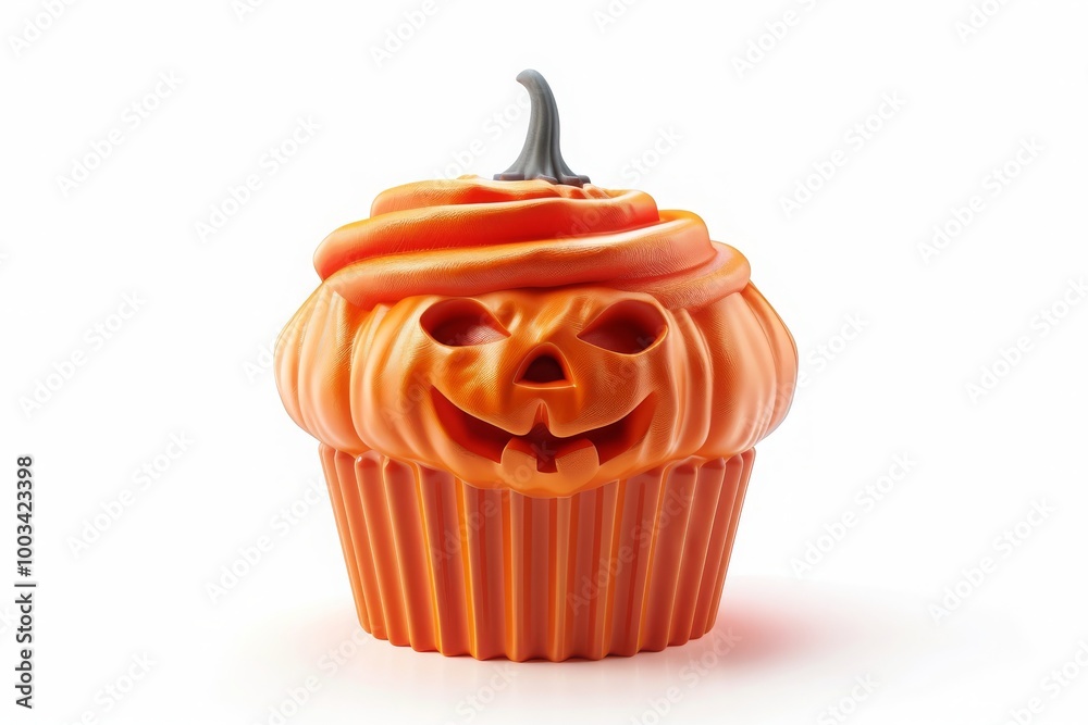 Wall mural =cute 3d cupcake orange pumpkin halloween on white background cutout, png file. cartoon style