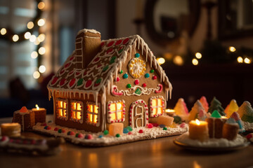 Decorated Gingerbread House with Lights and Candy