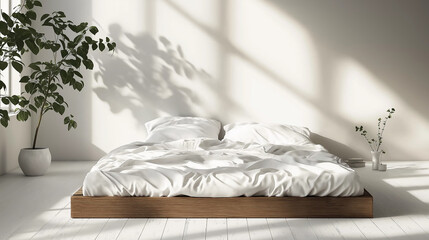 an unmade bed with white sheets, arranged in a zen-like, minimalist composition