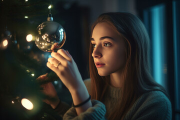 Naklejka premium Young Woman Decorating Christmas Tree with Ornament and Lights