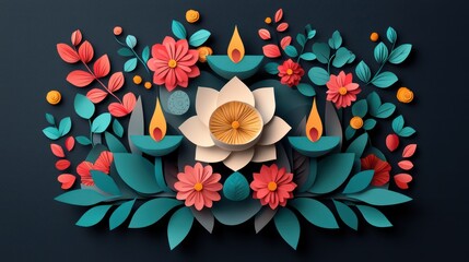 Radiant Diwali Illumination: Elegant Paper Art Rangoli with Floral Designs for Invitations