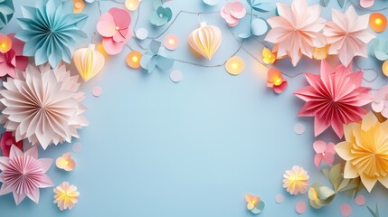 Obraz premium Illuminating Diwali Festivities: Vibrant Paper Art Lanterns, Glowing Diyas, and String Lights for Festive Party Decor