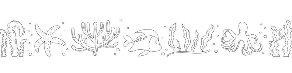 Underwater black and white silhouettes showing various marine life including seaweed, coral, starfish, fish, and octopus. The image captures ocean, reef, and sea life set.