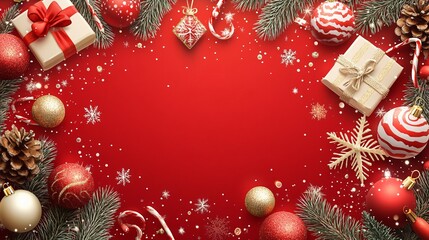 Red Background with Christmas Decorations and Ornaments