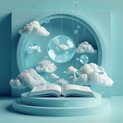 A book with clouds and bubbles floating around it. AI.