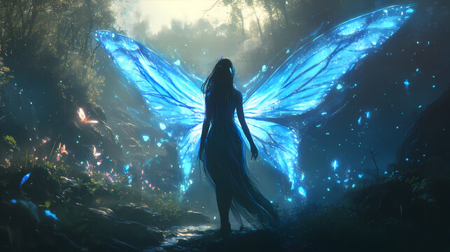 Radiant female fae with glowing blue wings standing in a mystical woodland radiating powerful magical energy. Fae. Illustration