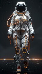A woman in an astronaut suit walking on a black background. AI.