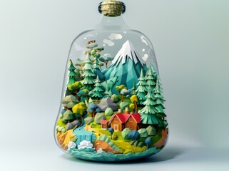 A bottle with a picture of trees and houses inside. AI.