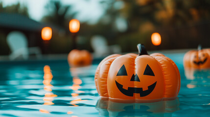 Floating Halloween pumpkin decoration in pool during twilight