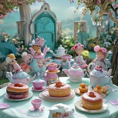 Whimsical Tea Party with Dolls and Treats in a Garden